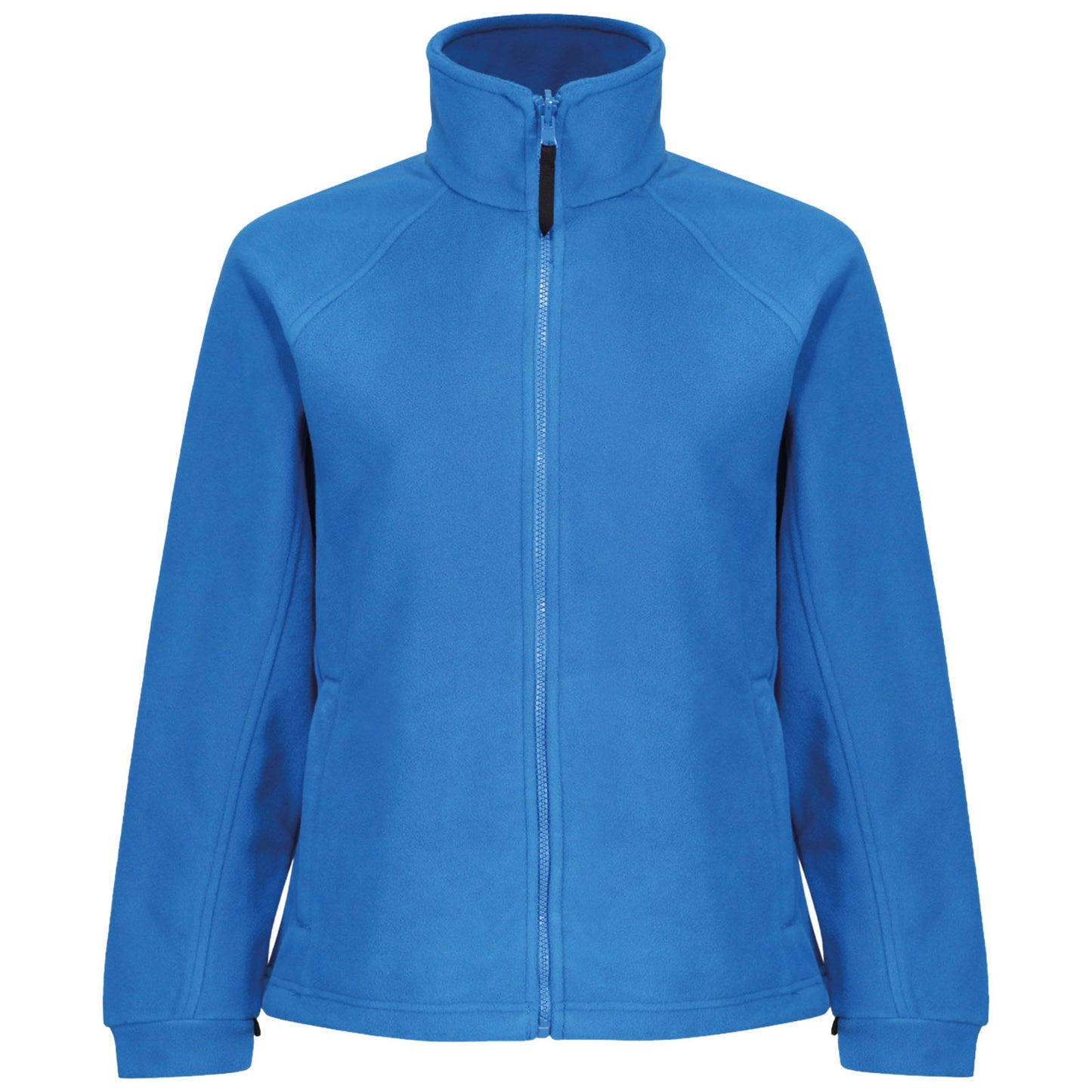 A blue fleece jacket stands upright with a high collar and a full zip front showcasing its soft texture in a neutral setting without any additional context or background elements.