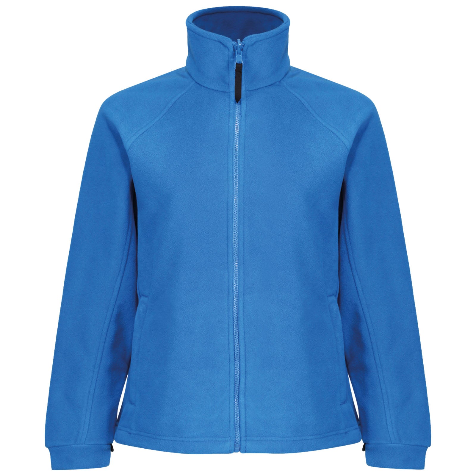 A blue fleece jacket stands upright with a high collar and a full zip front showcasing its soft texture in a neutral setting without any additional context or background elements.
