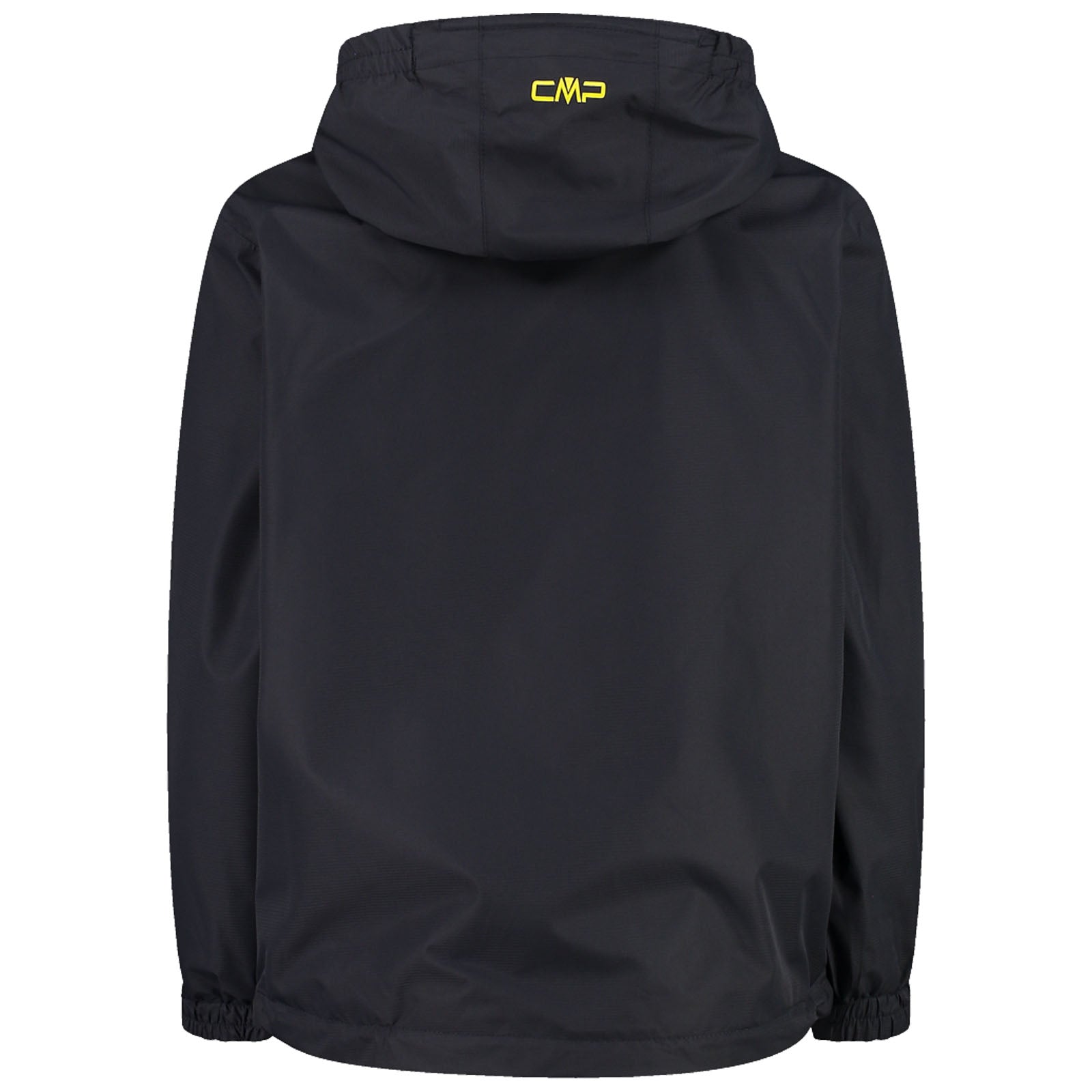 A black jacket hangs in a neutral space showcasing a hood and elastic cuffs while displaying a small yellow logo on the upper back indicating the brand CMP.
