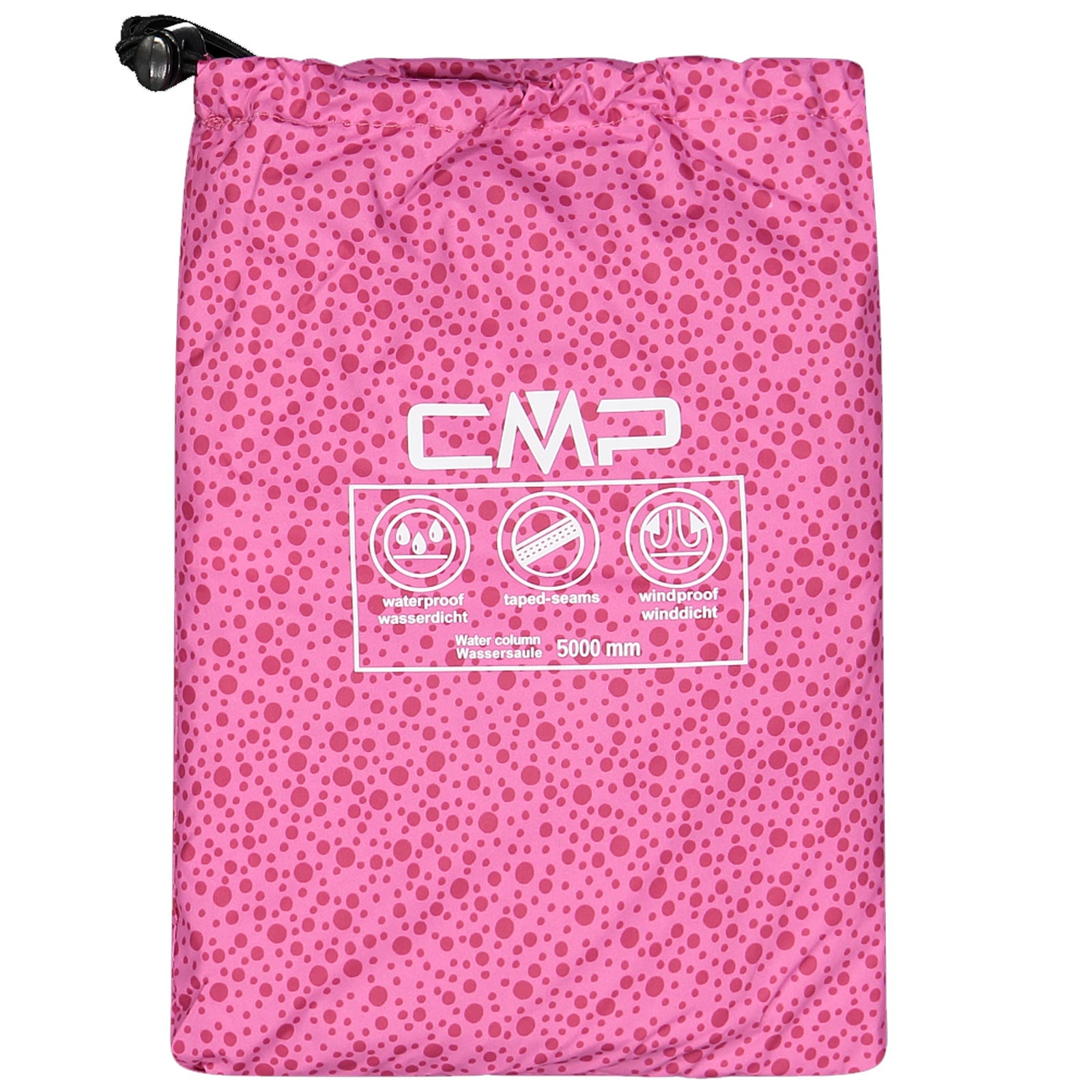 A bright pink drawstring bag features the CMP logo with icons indicating waterproof, taped seams, and windproof qualities alongside a water column rating of 5000 mm in a polka dot design.