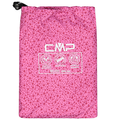 A bright pink drawstring bag features the CMP logo with icons indicating waterproof, taped seams, and windproof qualities alongside a water column rating of 5000 mm in a polka dot design.
