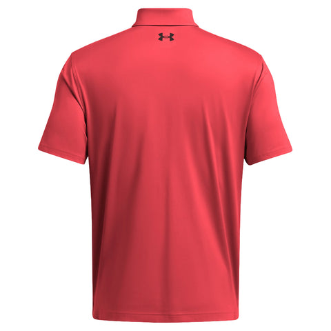 A red polo shirt is displayed with a collar and short sleeves featuring a black logo on the upper back. The background is plain, emphasizing the shirt's color and design.