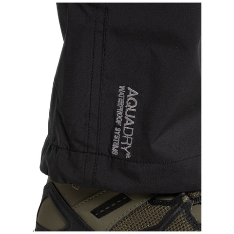 Black waterproof jacket with “AQUADRY Waterproof Systems” text is shown alongside a rugged boot featuring dark green and black elements in an outdoor or adventurous context.