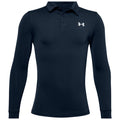 A long-sleeved black polo shirt is displayed front-facing featuring a button placket and a small logo on the upper left side. The background is plain, emphasizing the shirt.