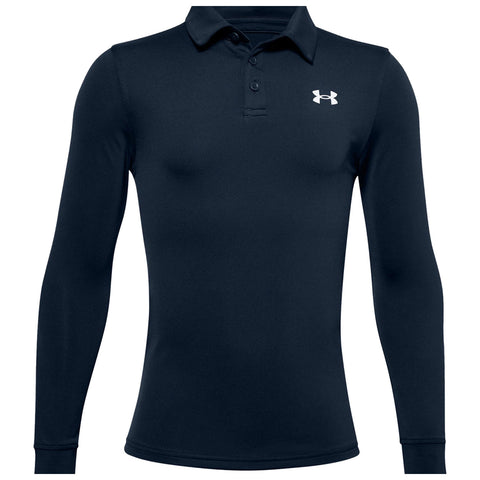 A long-sleeved black polo shirt is displayed front-facing featuring a button placket and a small logo on the upper left side. The background is plain, emphasizing the shirt.