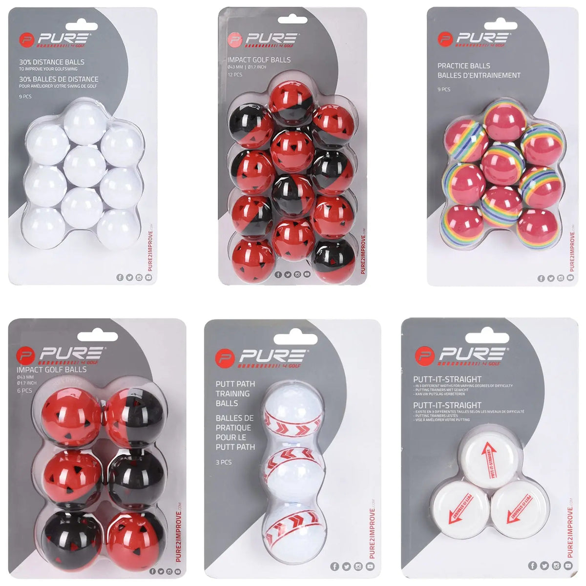 Six packs of various golf training balls are displayed on a white background. Each pack contains differently colored balls intended for improving golf skills with specific uses stated on the packaging.