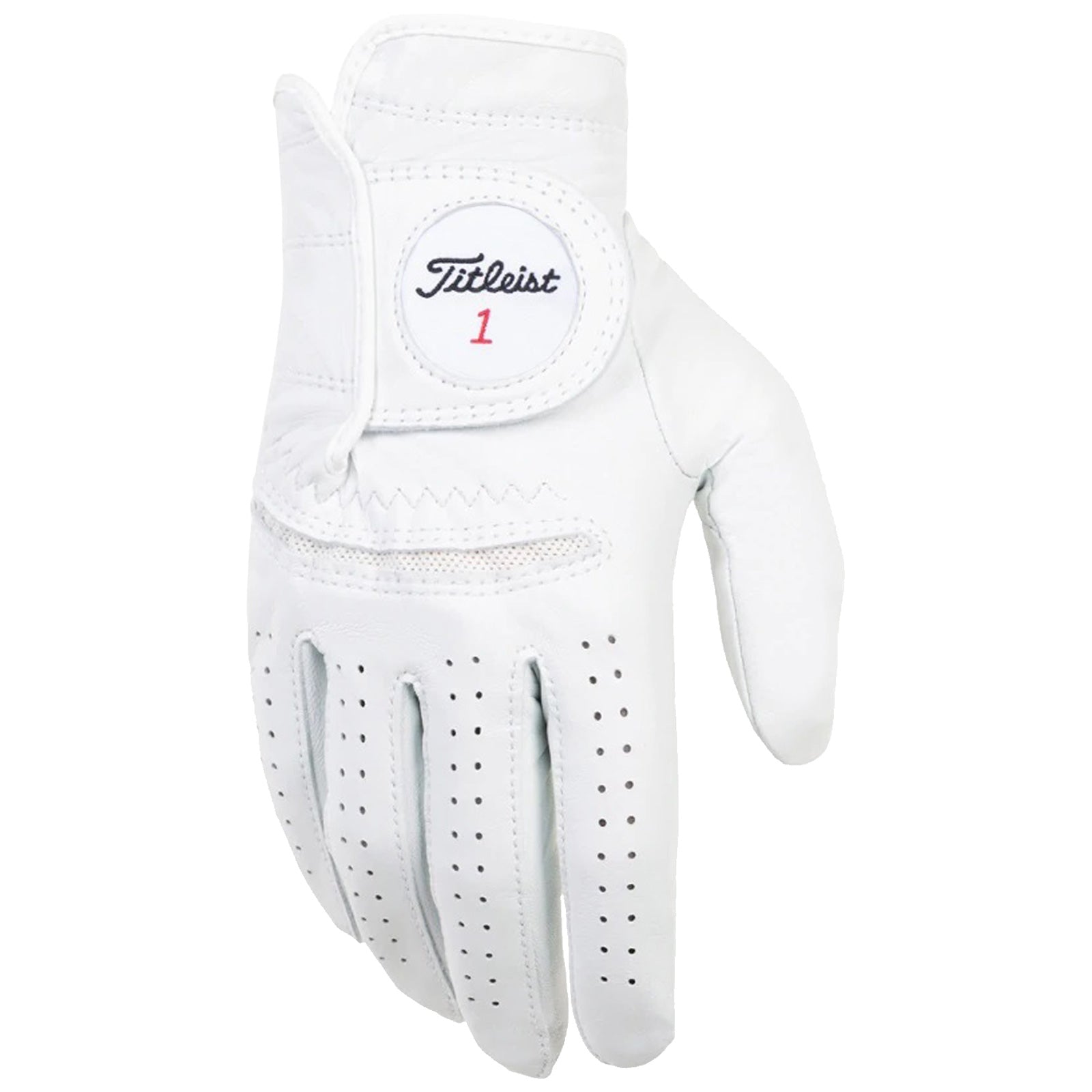 Titleist Mens PermaSoft RIGHT Hand Golf Glove A white golf glove designed for right-handed use rests with five finger openings and ventilation holes for breathability featuring the Titleist logo and the number one on the wrist area.