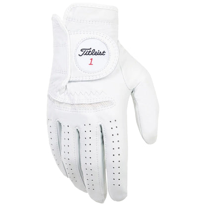 Titleist Mens PermaSoft RIGHT Hand Golf Glove A white golf glove designed for right-handed use rests with five finger openings and ventilation holes for breathability featuring the Titleist logo and the number one on the wrist area.