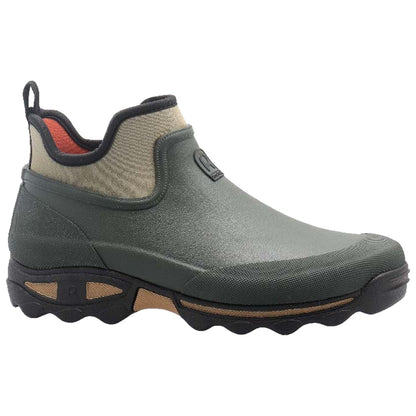A green waterproof boot with a textured surface features a tan elastic panel and a rugged sole. It is designed for outdoor use, likely for wet and muddy conditions.
