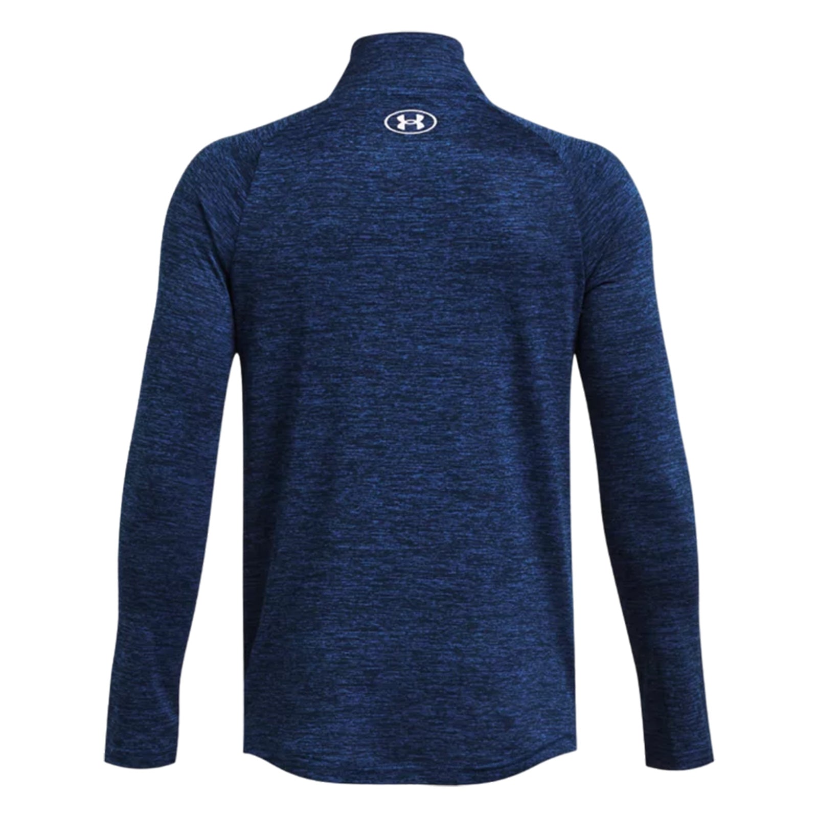 A dark blue athletic long-sleeve shirt with a high collar is displayed from the back showcasing a textured fabric and a logo at the neck area.