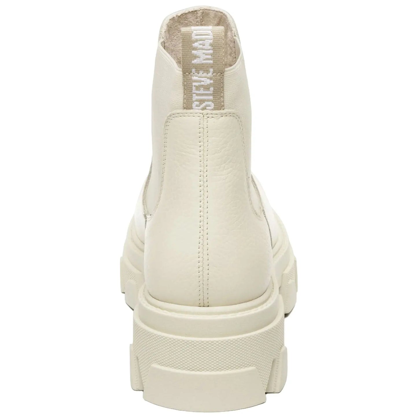 A pair of creamy white chunky ankle boots stands upright showcasing their textured surface and thick sole with a looped tag on the back suggesting a stylish and modern design.