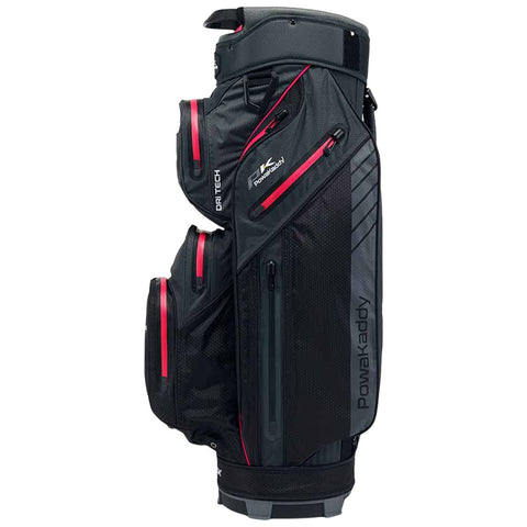 A black golf bag with red accents is standing upright showcasing multiple pockets and zippers designed for holding golf accessories in a sporty, functional design ideal for outdoor use.
