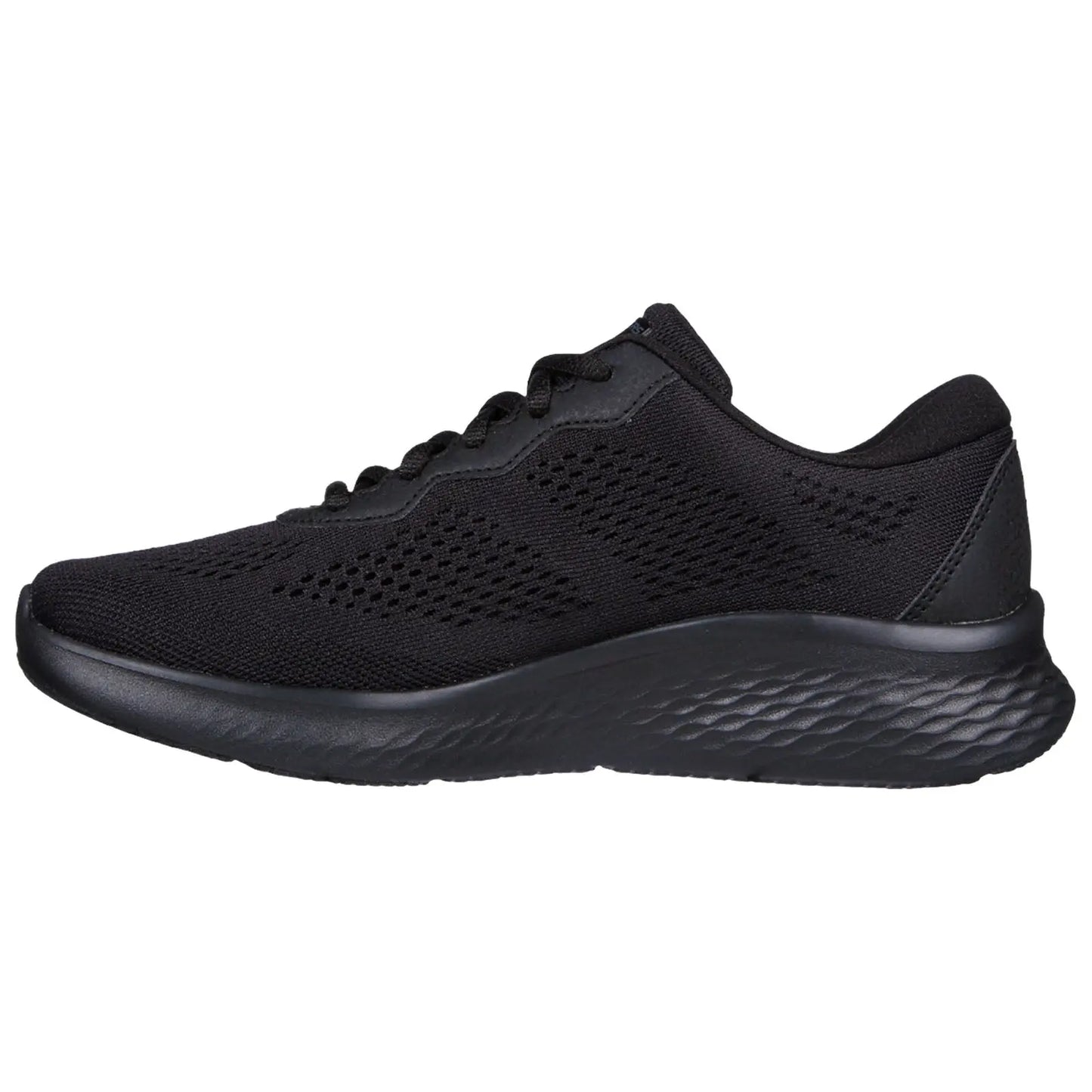 A black athletic shoe features a mesh upper for breathability and a textured sole for grip, positioned against a plain background, highlighting its streamlined design and versatility for various activities.