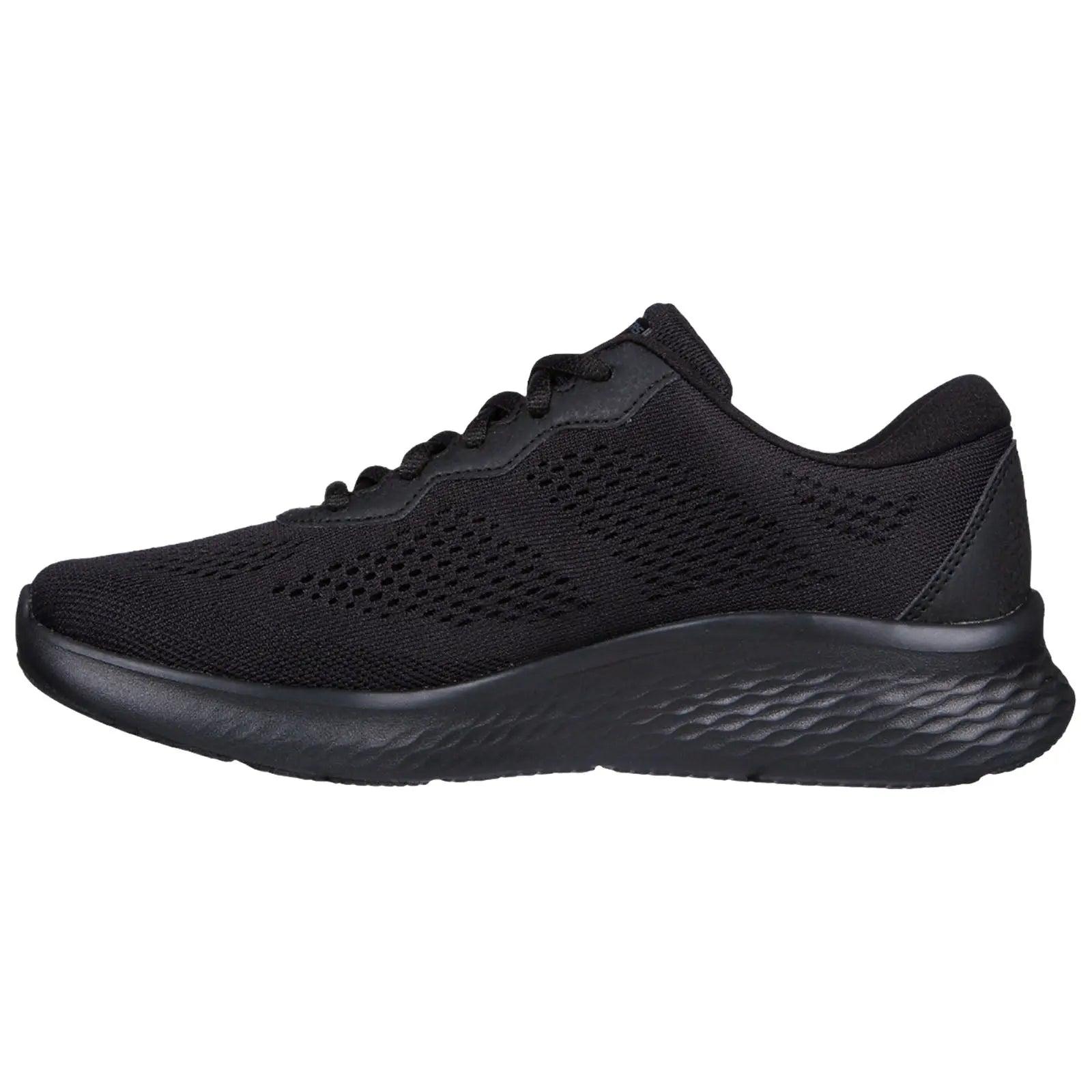 A black athletic shoe features a mesh upper for breathability and a textured sole for grip, positioned against a plain background, highlighting its streamlined design and versatility for various activities.