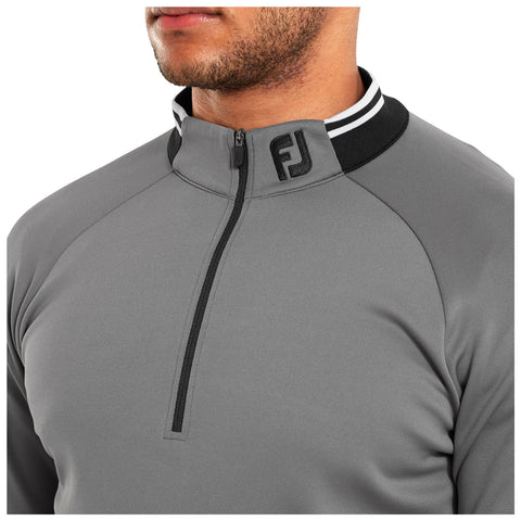 A gray half-zip pullover is displayed featuring a black and white striped collar and an "FJ" logo on the neckline with a close-up view of the upper body and face of a male model.