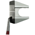 A golf club head rests horizontally with a flat striking surface and a ridged back. The object is designed for striking a golf ball on the course.