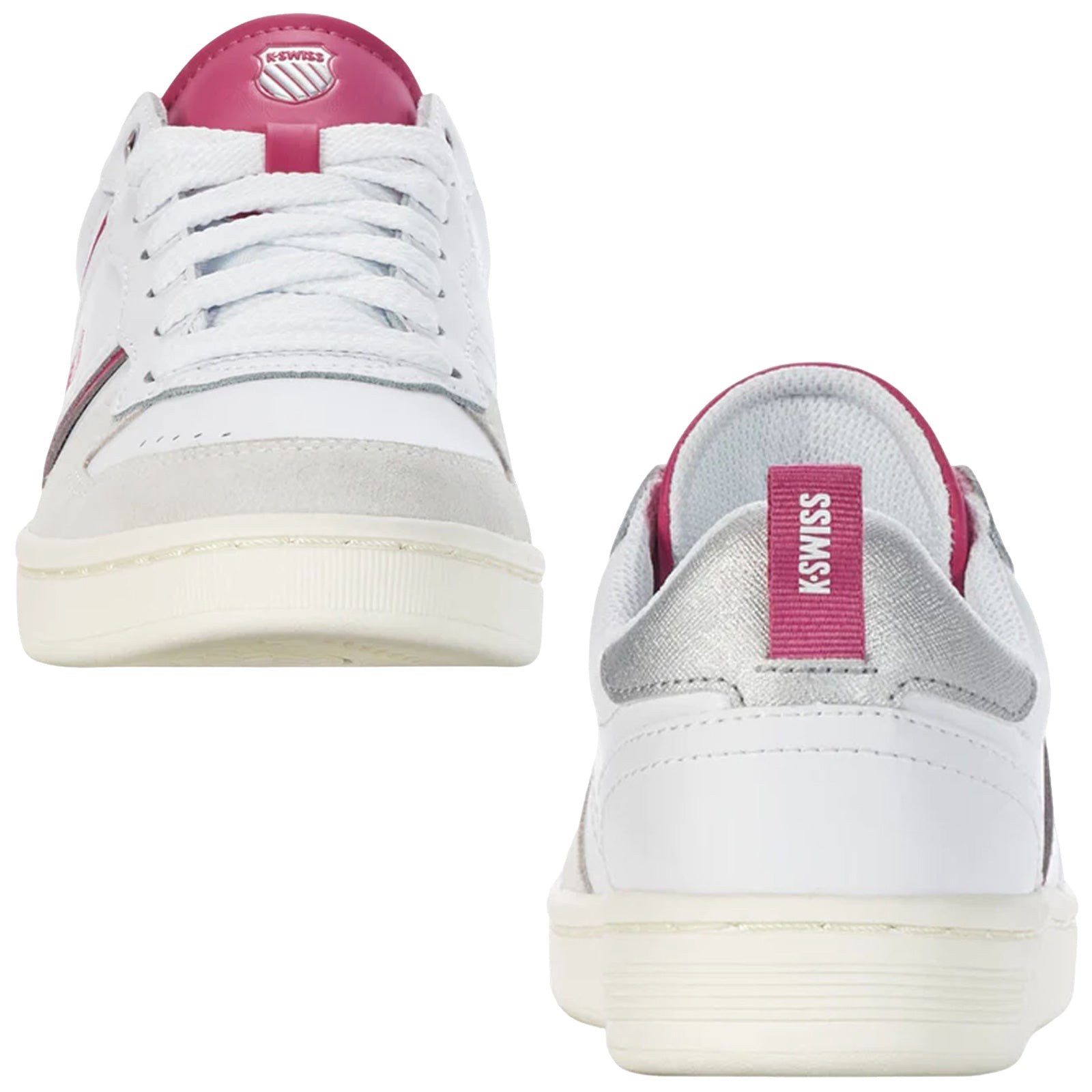 White sneakers with pink and silver accents are positioned side by side showcasing the front and back views emphasizing a stylish and sporty design ideal for casual wear.