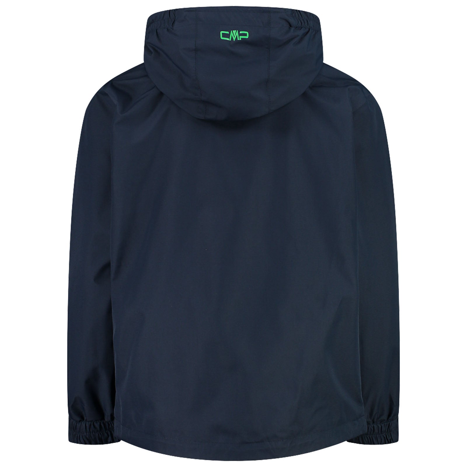 A dark blue jacket hangs with a hood and elastic cuffs showcasing a logo on the back in bright green set against a plain white background.