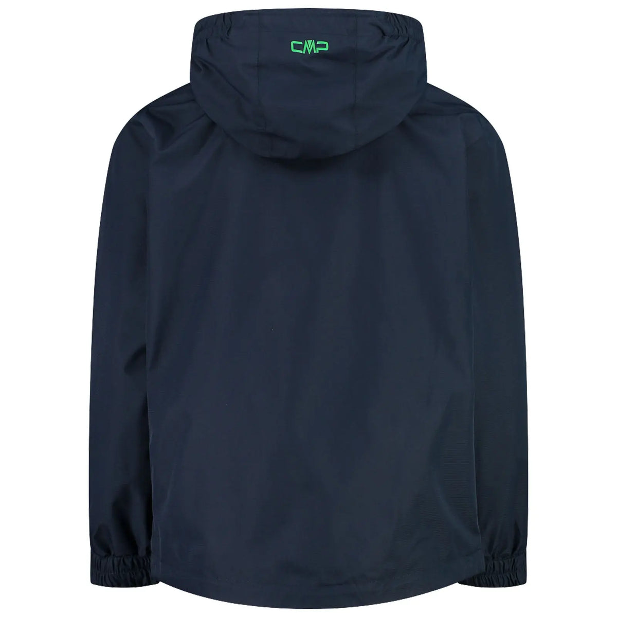 A dark blue jacket hangs with a hood and elastic cuffs showcasing a logo on the back in bright green set against a plain white background.