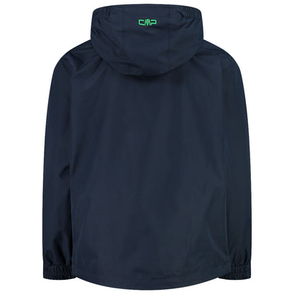 A dark blue jacket hangs with a hood and elastic cuffs showcasing a logo on the back in bright green set against a plain white background.