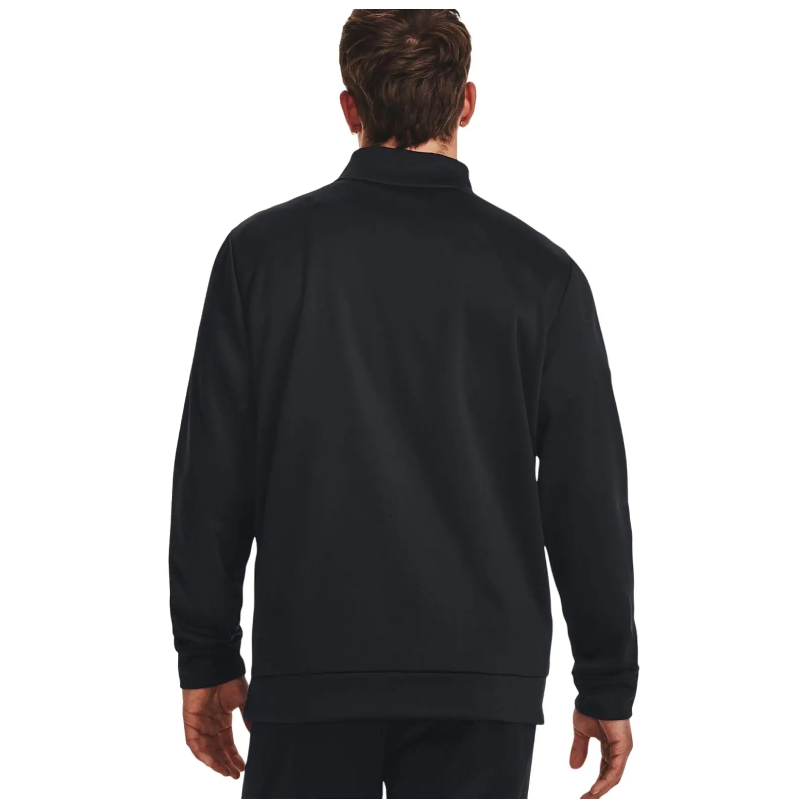 A person wearing a black long-sleeve sweatshirt faces away with hands relaxed at sides in a simple, neutral background emphasizing the clothing's design and color.