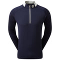 A long-sleeved navy golf shirt with a half-zip collar showcases a white collar and a logo at the neck area against a plain background, emphasizing its athletic design.