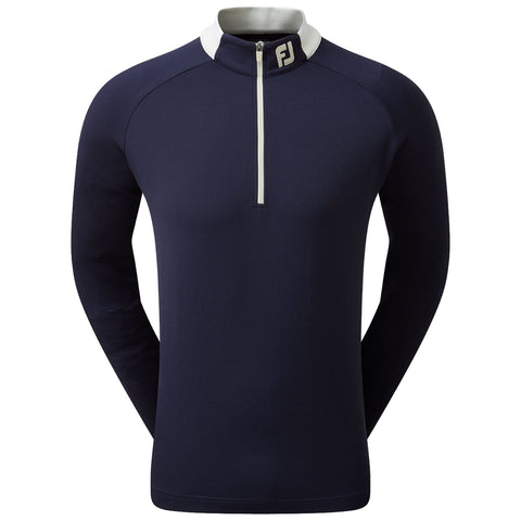 A long-sleeved navy golf shirt with a half-zip collar showcases a white collar and a logo at the neck area against a plain background, emphasizing its athletic design.