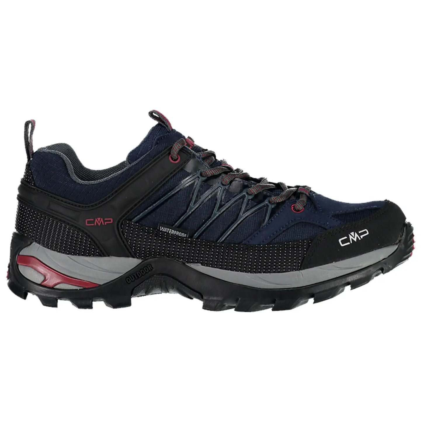 A waterproof outdoor shoe features a navy blue fabric and black rubber sole with textured details and red accents while positioned on a plain background to highlight its design.