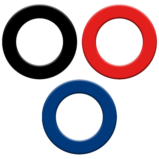 Three concentric rings in black red and blue are arranged in a triangular pattern on a white background emphasizing their shapes and colors while contrasting with the minimalistic backdrop.