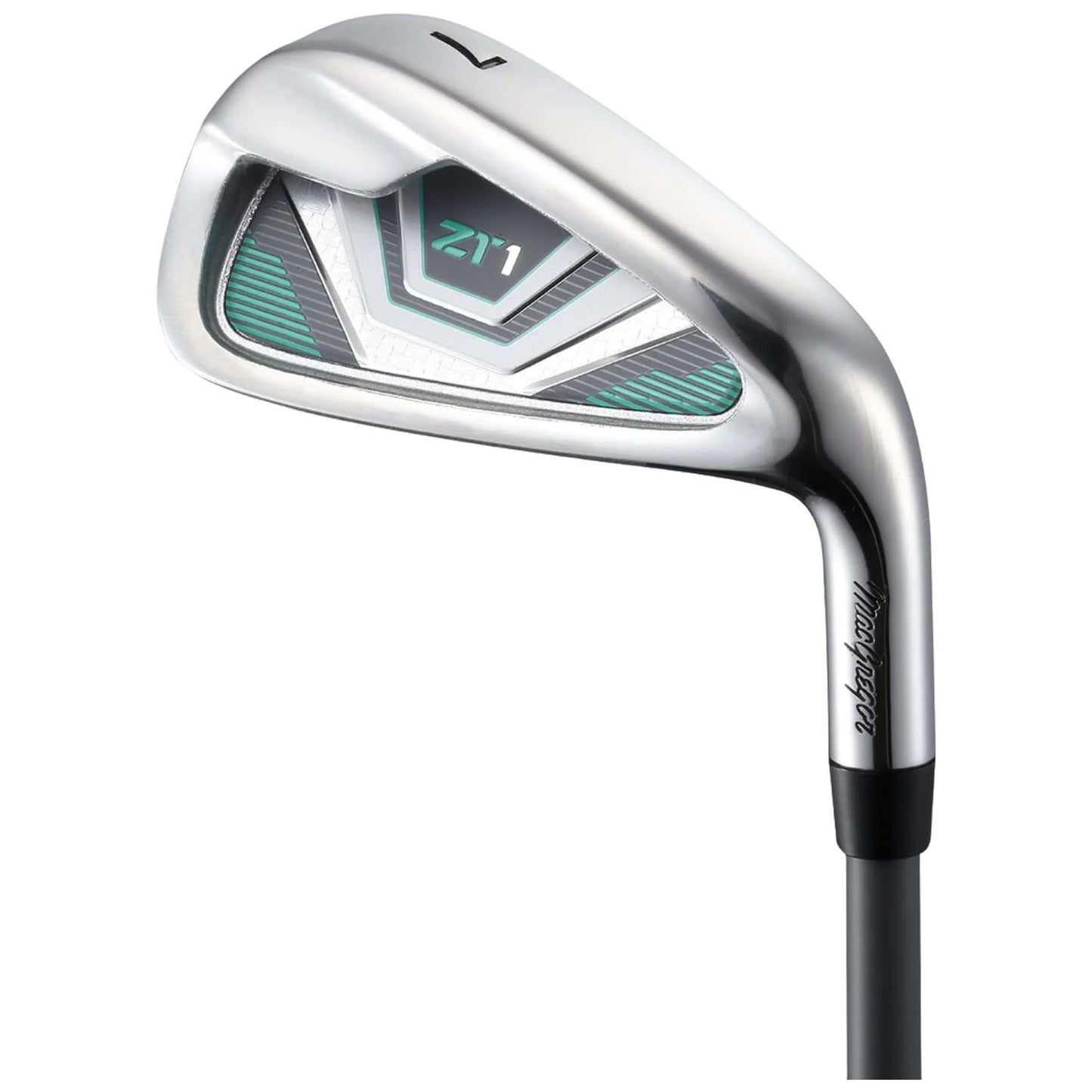 A golf club is displayed at an angle showcasing its shiny metallic head with a striking design and a green accent on the face the club’s shaft is black and smooth.