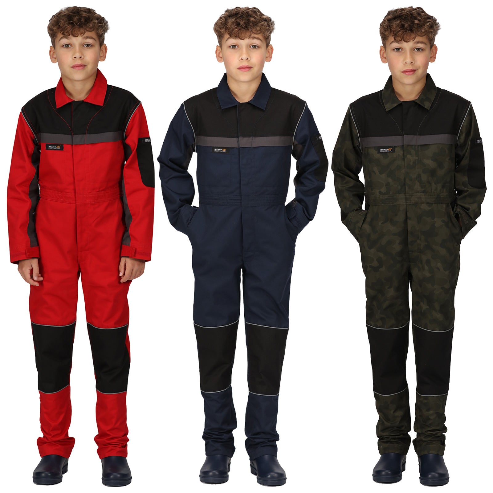 Three children are standing side by side wearing different colored coveralls. The first is red the second is navy blue and the third is camouflage. They all have hands in pockets.