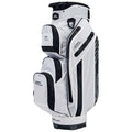 A white golf bag with multiple compartments and black accents stands upright. It features brand logos and various zipped pockets, designed for carrying golf clubs and accessories.