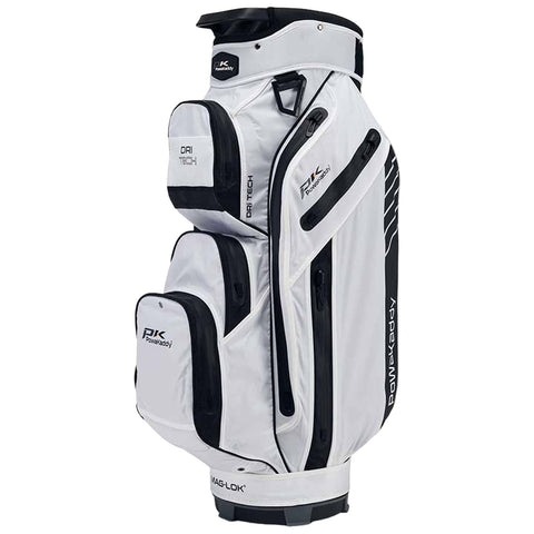 A white golf bag with multiple compartments and black accents stands upright. It features brand logos and various zipped pockets, designed for carrying golf clubs and accessories.