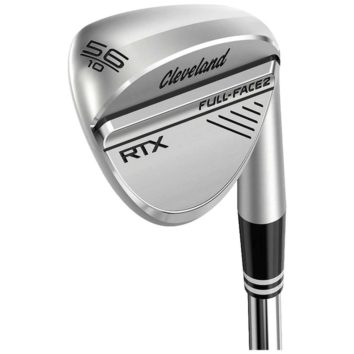 A golf club wedge is positioned at an angle showcasing a polished silver head labeled Cleveland RTX Full-Face2 with a 56-degree loft and a black and white shaft design.