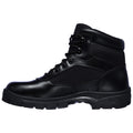 A black boot with a sturdy sole is shown standing upright laced tightly featuring leather and fabric materials suitable for outdoor or work environments providing support and durability.
