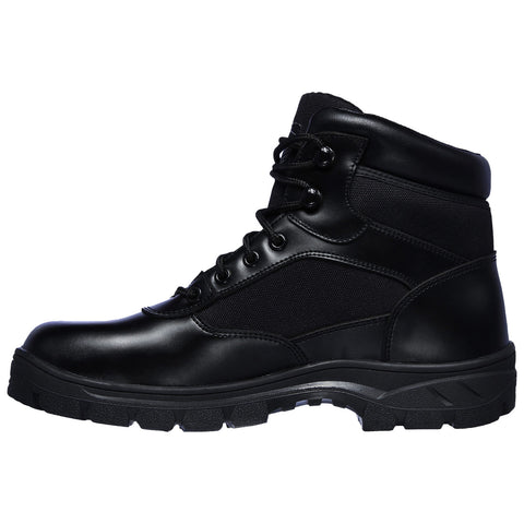 A black boot with a sturdy sole is shown standing upright laced tightly featuring leather and fabric materials suitable for outdoor or work environments providing support and durability.