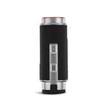 A cylindrical object with a textured black exterior features a silver base and top. Buttons on the side include a power button and a mode selector for functionality.