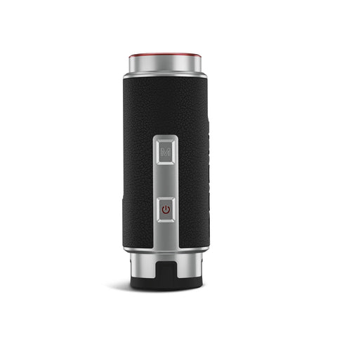 A cylindrical object with a textured black exterior features a silver base and top. Buttons on the side include a power button and a mode selector for functionality.