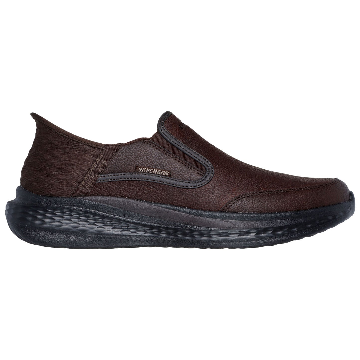 A brown slip-on shoe is positioned on a white background showcasing its textured surface and elastic side panels designed for comfort and ease of wear in casual settings.