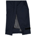 A pair of dark fabric pants is displayed partially open showing a mesh lining inside the unzipped section near the ankle with a hook and loop adjustment strap at the bottom.