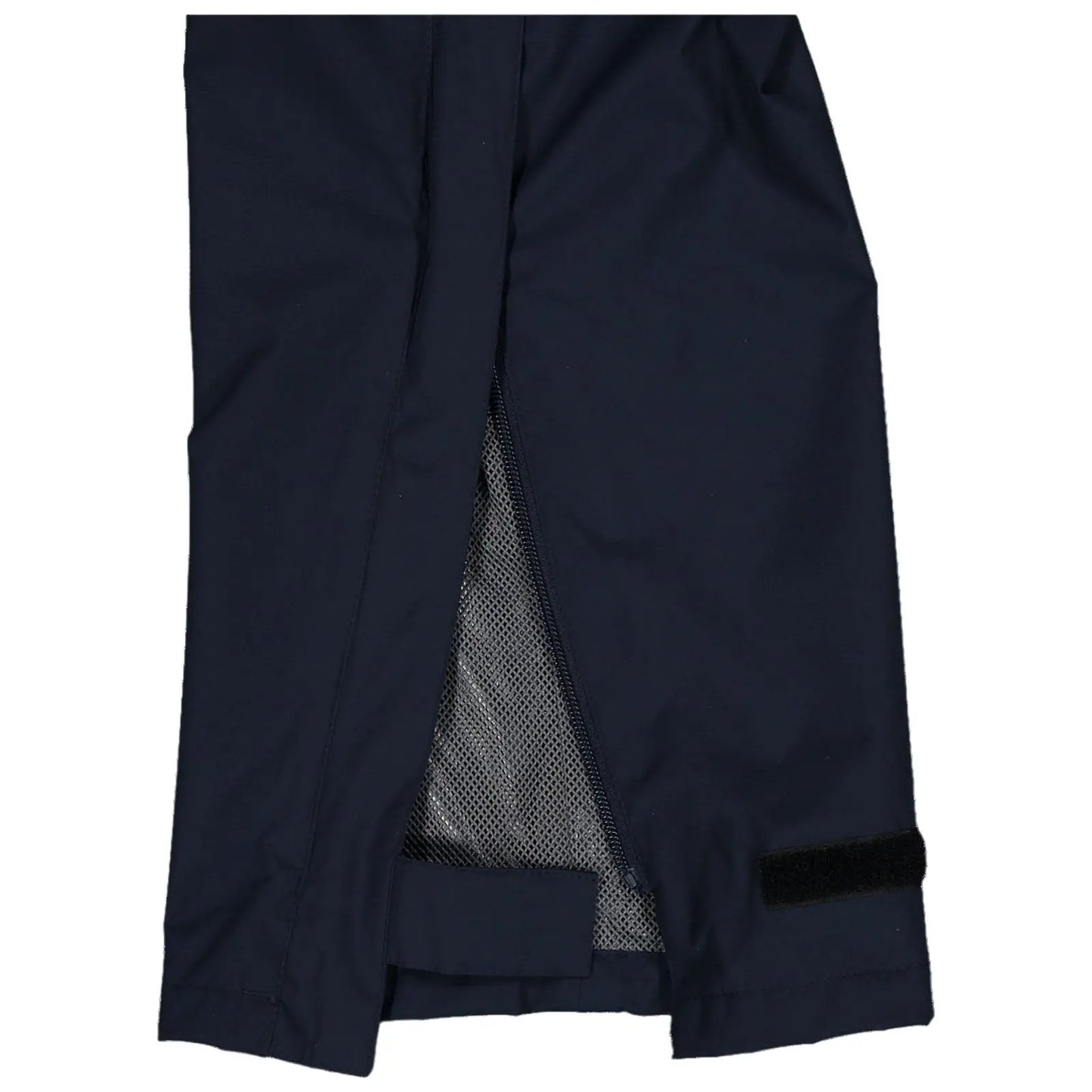 A pair of dark fabric pants is displayed partially open showing a mesh lining inside the unzipped section near the ankle with a hook and loop adjustment strap at the bottom.