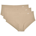 A set of three pairs of beige women’s underwear is displayed side by side featuring a smooth fabric with a comfortable fit and a small white logo on each pair