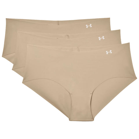 A set of three pairs of beige women’s underwear is displayed side by side featuring a smooth fabric with a comfortable fit and a small white logo on each pair