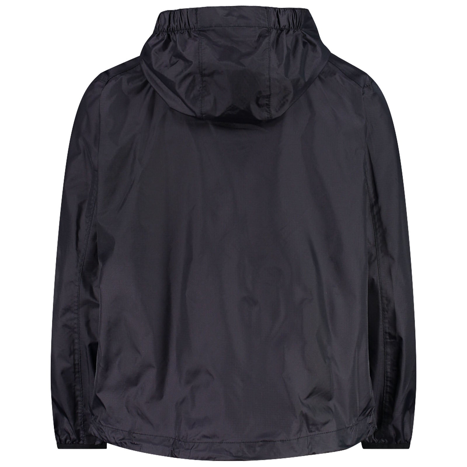 A black hooded jacket hangs, showing its back view. The fabric appears smooth and lightweight, suitable for casual wear or light outdoor activities. The hood is elasticated for a snug fit.