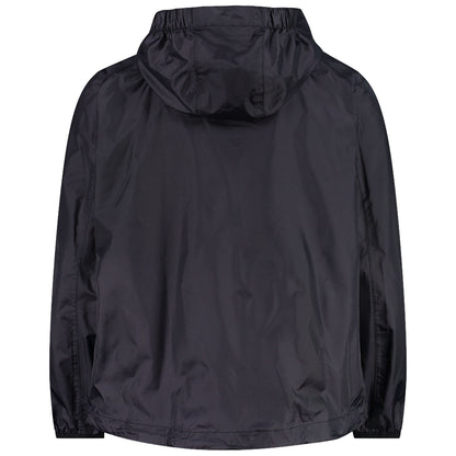 A black hooded jacket hangs, showing its back view. The fabric appears smooth and lightweight, suitable for casual wear or light outdoor activities. The hood is elasticated for a snug fit.