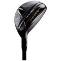 A golf club head with a sleek black design is positioned at an angle showcasing its curved face and markings indicating brand and model in a neutral background.