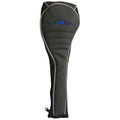 A golf club headcover is designed to protect the club's head featuring a sleek black and dark green exterior with a blue logo and padded design in an upright position.