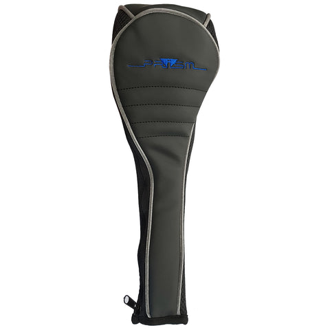 A golf club headcover is designed to protect the club's head featuring a sleek black and dark green exterior with a blue logo and padded design in an upright position.