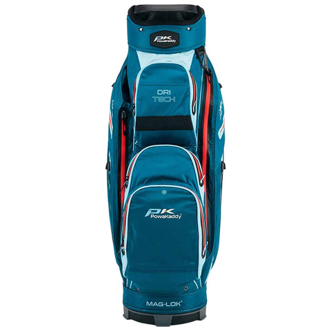 A golf bag with a teal design features multiple zippered pockets and handles, standing upright. It showcases branding elements and is equipped with a magnetic base for stability.