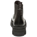 A black and gray ankle boot stands upright showcasing a textured leather finish and a thick sole with a tab for easy pull-on use against a plain white background.